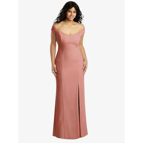 Dessy Off-the-Shoulder Criss Cross Back Trumpet Gown Desert Rose Women's 10 $257 - Picture 1 of 8